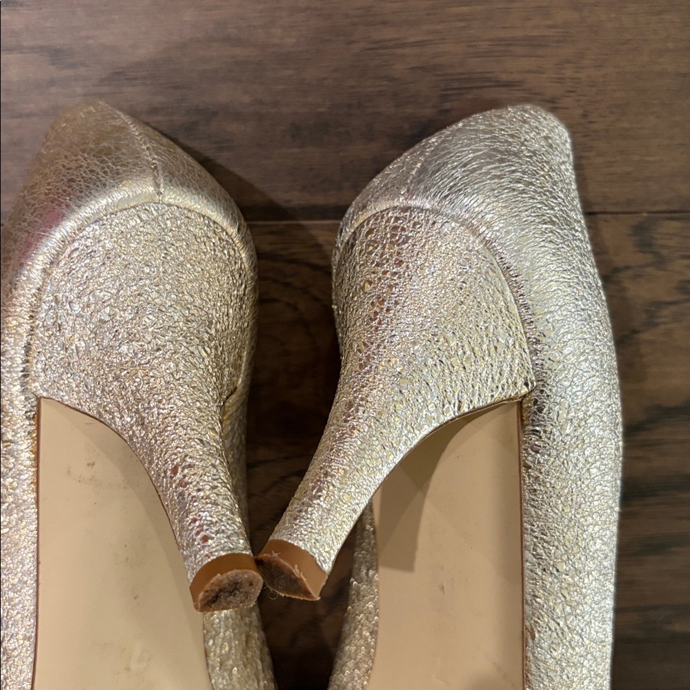 JCrew Collection Platinum Metallic Peep Toe Pumps with Dark Gray Satin Bow Sz 7 - Picture 9 of 10